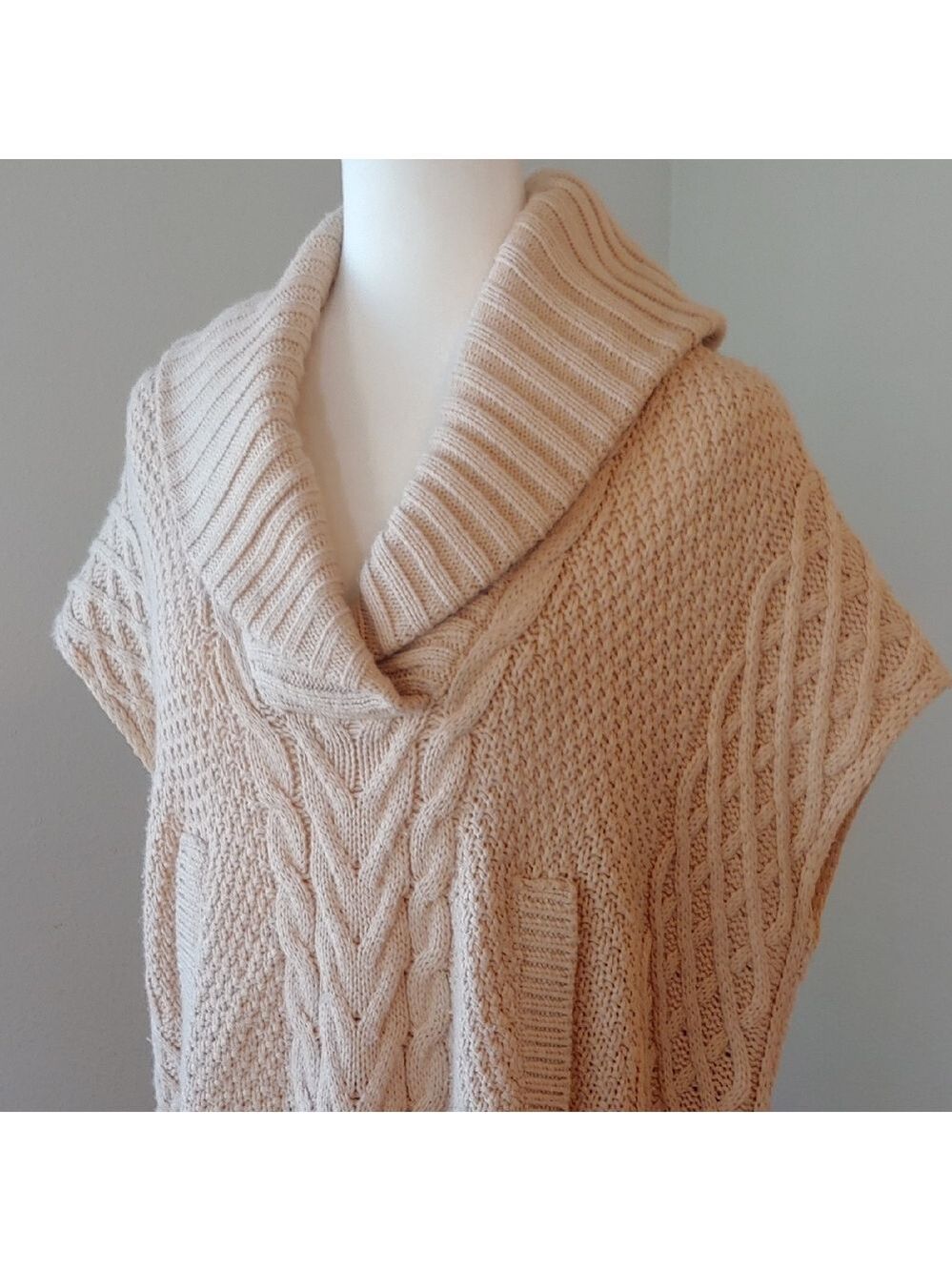 Saks Fifth Ave Wool Blend Cream Cable Knit Cowl Sweater with Side Belts Small - Picture 6 of 16